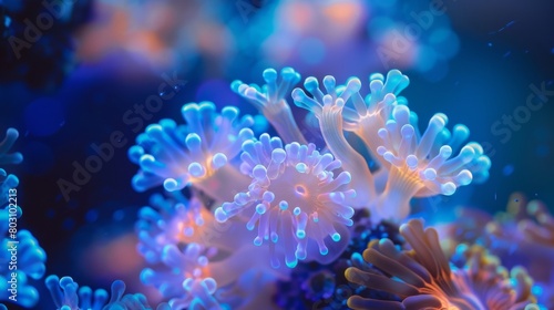 Stunning bioluminescent coral reef thriving underwater with vibrant blue and pink colors