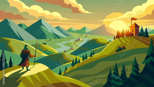 A breathtaking view of rolling hills and valleys as seen from the top of a hill along with a guides narration of a decisive battle that was fought on. Vector illustration