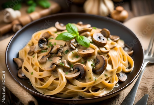 A black plate of homemade fettuccine pasta with mushrooms and cream sauce, garnished with fresh herbs.