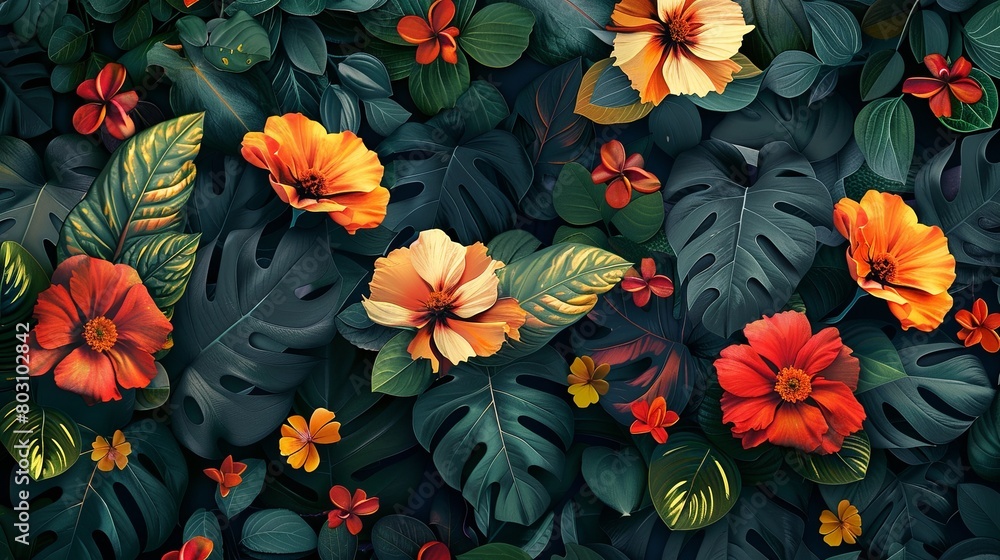 A vibrant image of lush tropical foliage and blooming flowers wallpaper. A vibrant image of lush tropical foliage and blooming flowers wallpaper.