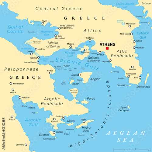 Argo-Saronic Gulf, Saronic and Argolic Gulf of Greece, political map. The peninsulas of Attica and Argolis, the Argo-Saronic Islands, Isthmus of Corinth, Corinth Canal and the Greek capital Athens. photo
