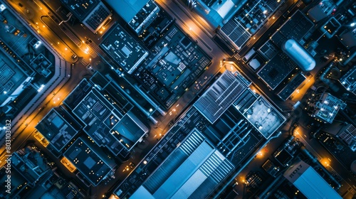 A breathtaking aerial view of a modern semiconductor manufacturing facility with vibrant lighting © Yusif