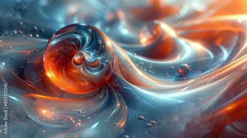 bstract digital art of glass sphere in an orange and blue vortex, a long curved road is reflected on the sphere surface, the background is red and white, the overall style resembles speedpainting photo