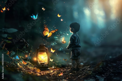 A person finding a magic lantern that illuminates his path with bright light and colorful butterflies leading him forward, symbolizing the return of hope and creativity