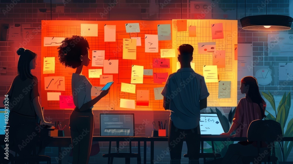 A group of people are working on a project together. They are using a large board with sticky notes to organize their thoughts and ideas. A group of people are working on a project together. They are using a large board with sticky notes to organize their thoughts and ideas.