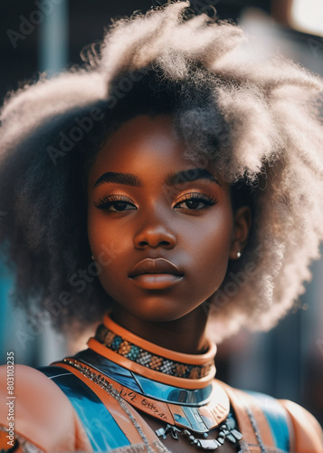 portrait of beautiful millennial African girl playing up the mood with thick curly hairstyle casually posing