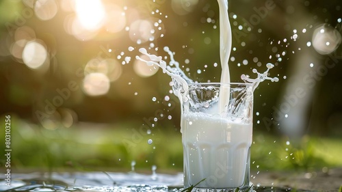 Pouring milk in the glass on the background of nature. Generative AI,