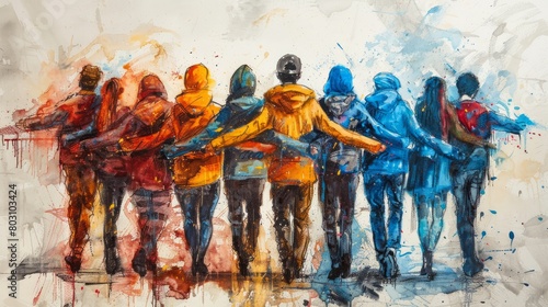 A group of people in colorful jackets walking away from the viewer, holding hands in unity. © Sodapeaw