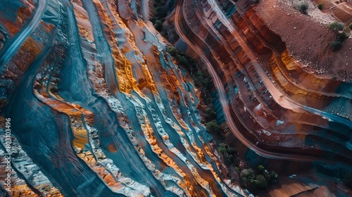 A breathtaking aerial view of a sprawling open-pit mine with colorful terraces
