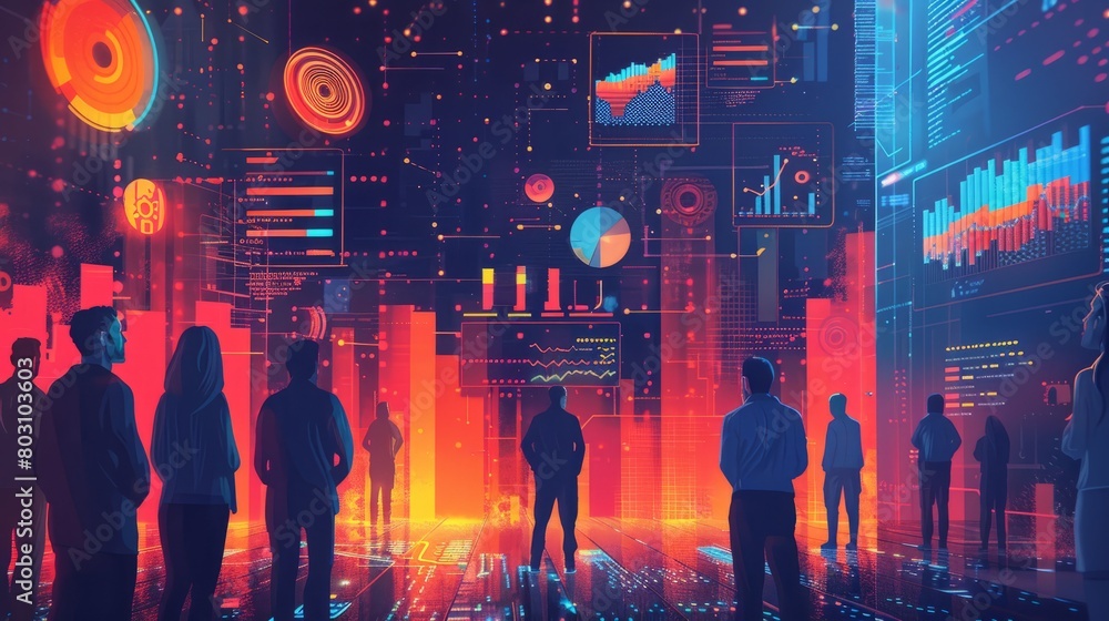 A group of people standing in a room looking at a large screen with a lot of data and graphs on it. A group of people standing in a room looking at a large screen with a lot of data and graphs on it.