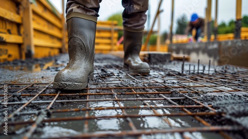 Close-up view of rain-soaked work boots on a construction site with steel rebars and wet concrete.