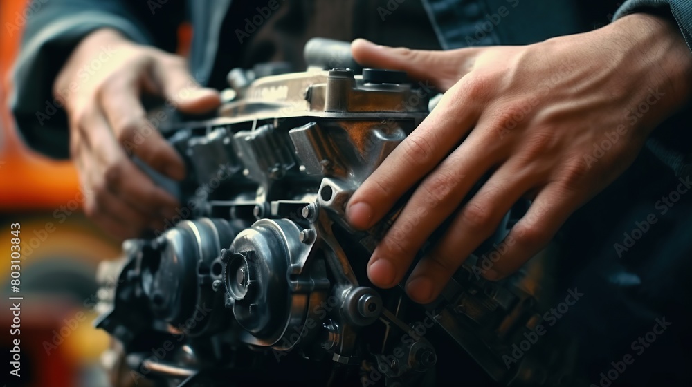 man's hands holding car engine