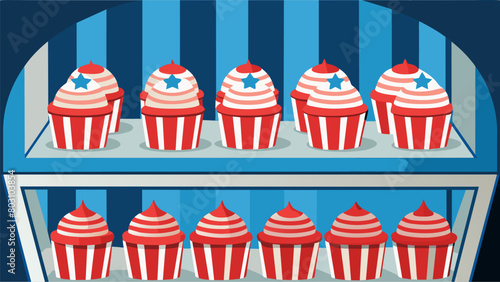 A bakery display case filled with cupcakes each one decorated with a red and white striped frosting and a single blue fondant star on top.. Vector illustration