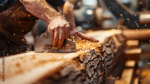 Close-up of a craftsman's hands using an electric planer on a wooden log, with wood shavings flying.