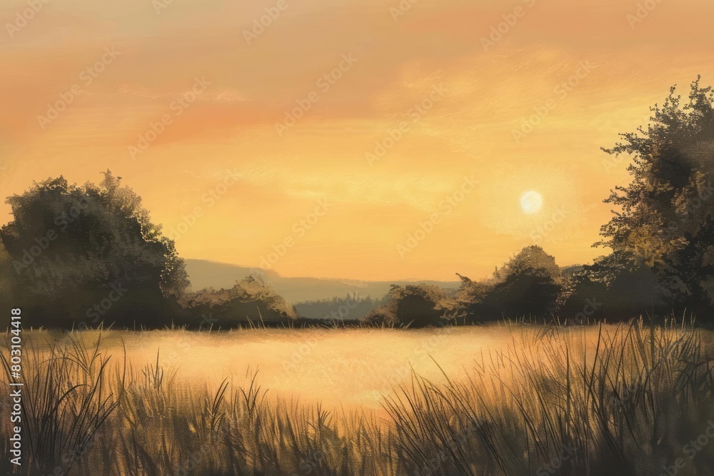 A soft pastel chalk drawing of a serene landscape during the golden hour