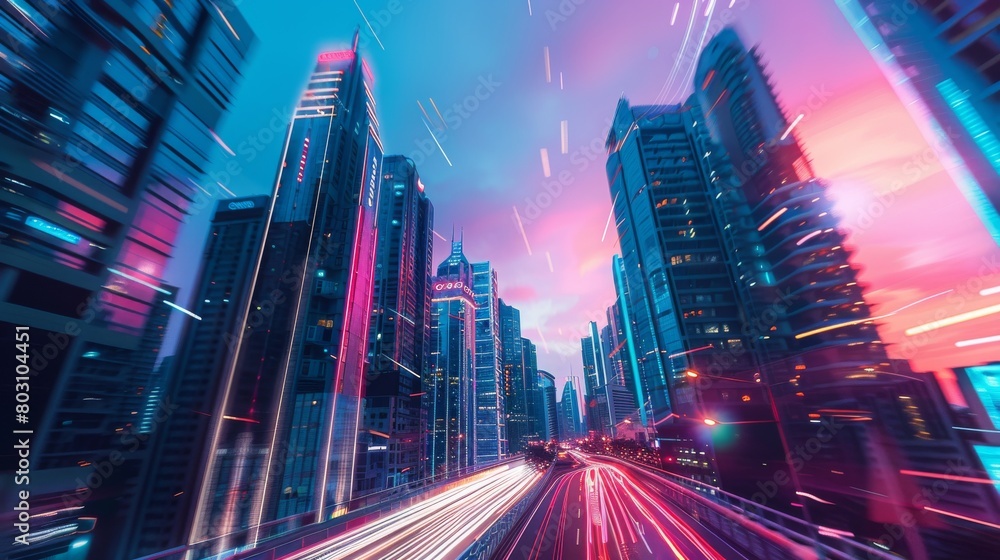 Vibrant cityscape at dusk with neon lights and busy streets filled with fast-moving cars