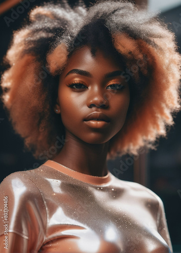 portrait of beautiful millennial African girl playing up the mood with thick curly hairstyle casually posing