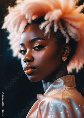 portrait of beautiful millennial African girl playing up the mood with thick curly hairstyle casually posing