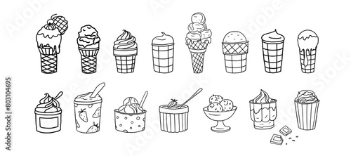 Big set of ice cream in a waffle cone and waffle cup in doodle style. Great for summer dessert menu design, print, web or advertising. Coloring book. Hand drawn