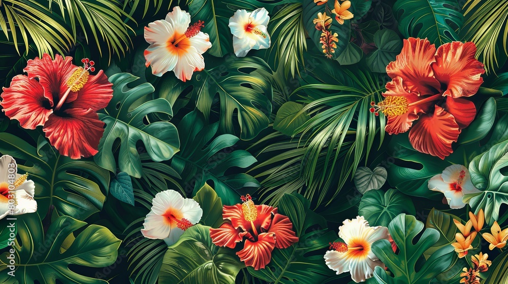 A vibrant image of lush tropical foliage and blooming flowers wallpaper. A vibrant image of lush tropical foliage and blooming flowers wallpaper.