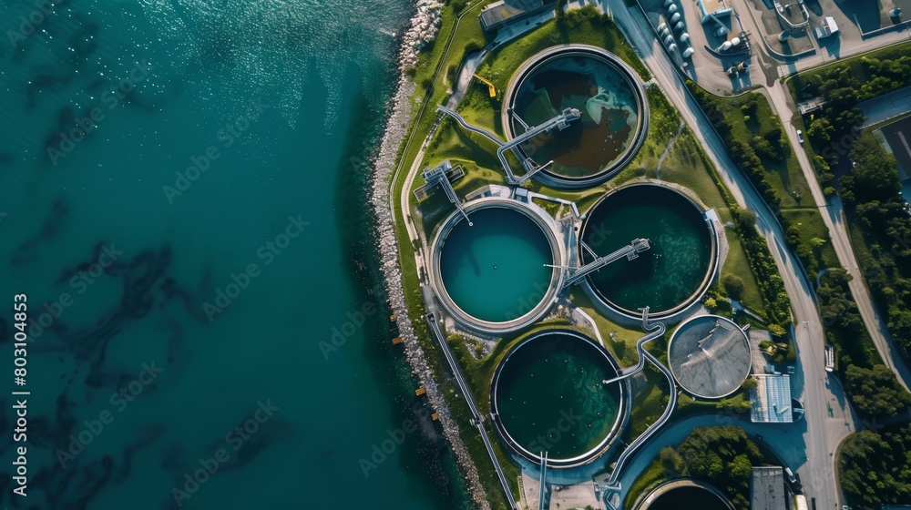 Aerial view of a modern wastewater treatment plant near a vibrant turquoise sea.