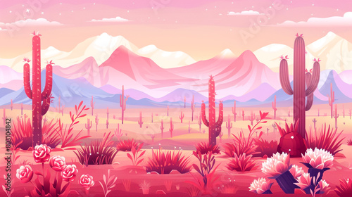 An illustration of the desert with cacti and flowers, pink and red color palette. 