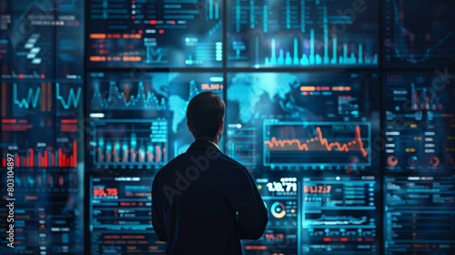 A man looking at a large video wall of stock market data.