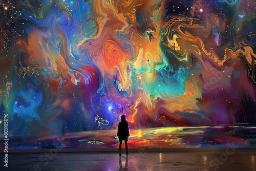A person standing in front of a large, previously unblemished canvas that begins to fill with vibrant colors and patterns, symbolizing the return of creative inspiration photo