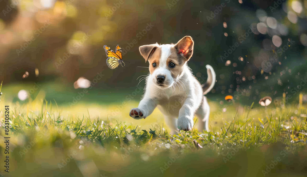 A cute puppy chasing after butterfly, leaping in the air against green grass