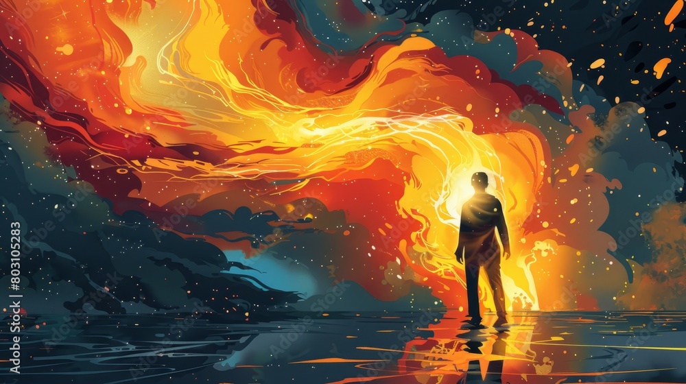 A man standing in a surreal landscape with a fiery sky.