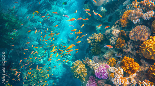 Aerial view of coral reef and fishes
