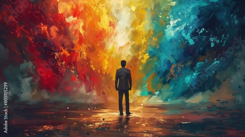 A man standing in front of a colorful abstract painting.