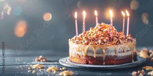 Delicious caramel birthday cake with lit candles and nuts, beautifully decorated on a dark table.