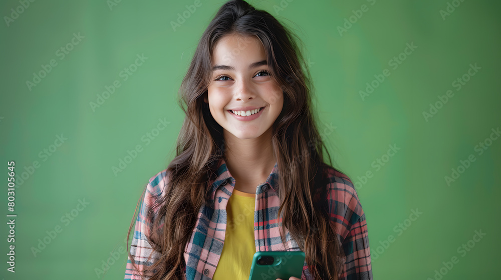 Fototapeta premium Woman holding a cell phone on a green background