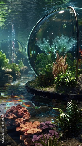 Undersea greenhouse featuring exotic aquatic flora and bioluminescent plants in a submerged bubble structure