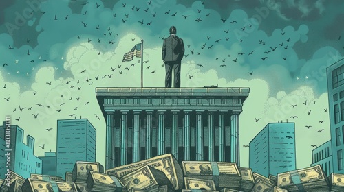 A man standing on top of a courthouse surrounded by money and crows. photo
