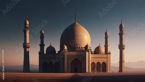 Large and majestic mosque is located in the middle of the desert and silhouettes warm landscape feel