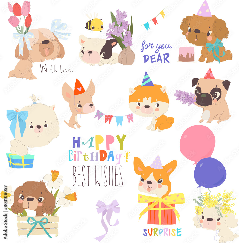 dog, puppy, spring, flower, cartoon, pet, animal, holding, vector, narcissus, daffodil, gift, bouquet, mimosa, happy, baby, cute, fur, illustration, set, adorable, funny, collection, fun, drawing, cha