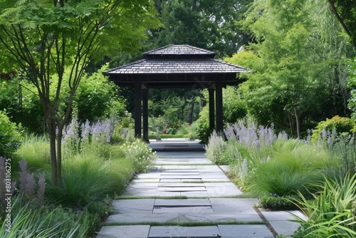 The calming effect of a symmetrical garden path leading to a harmoniously designed pavilion