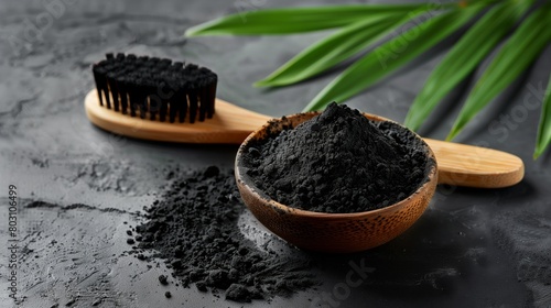 Activated charcoal powder in a wooden bowl with a brush on a dark textured surface, accompanied by green leaves.