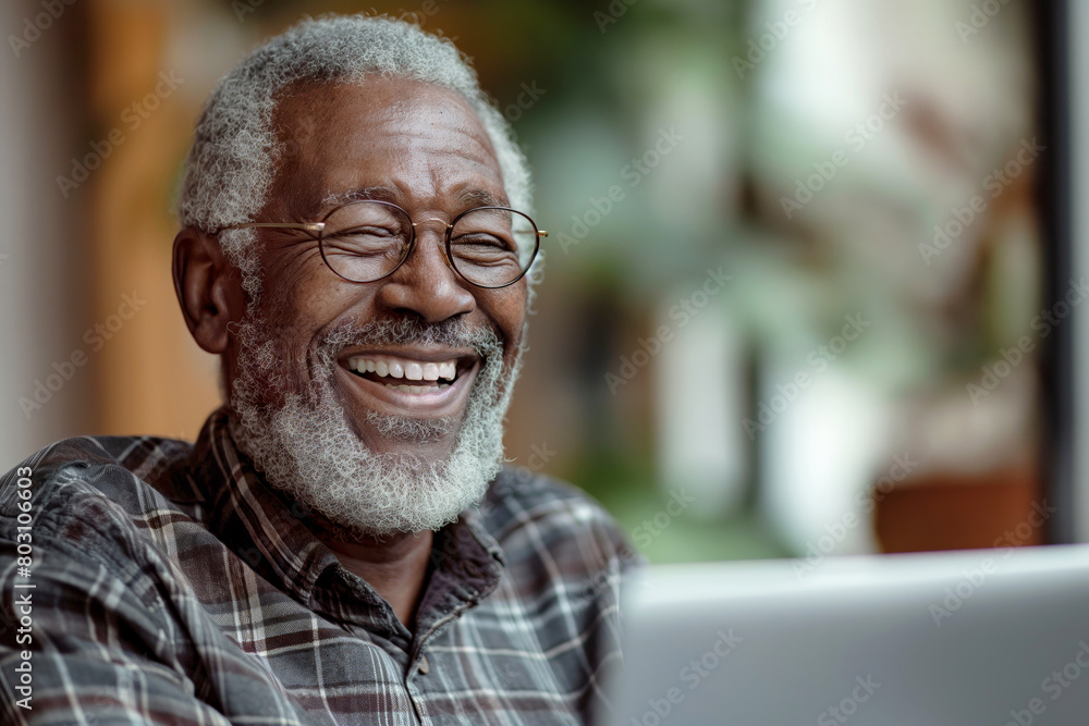 Senior man laughing while using a laptop. Perfect for themes of connectivity, technology in older age, and the joy of learning.