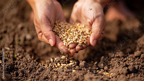 Close-up of two dirty hands holding a pile of wheat seeds over fertile soil.