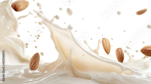 Splash of milk with almond on white background