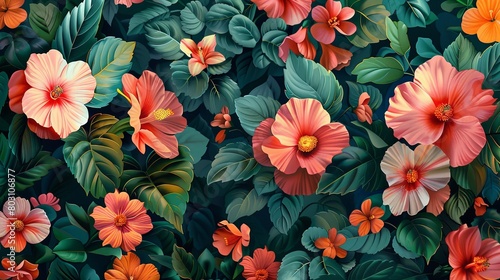 A vibrant image of lush tropical foliage and blooming flowers wallpaper. © Beautiful