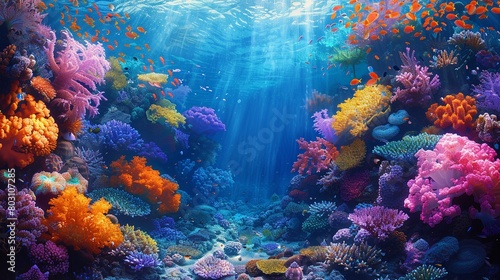 A colorful underwater scene with many different types of fish and coral