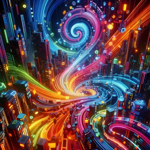 Neon Cascade features abstract colorful shapes cascading display of vibrant neon colors photo