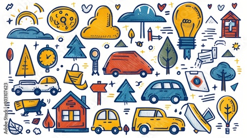 A seamless pattern of hand-drawn vector illustrations of various objects, including cars, houses, trees, animals, and other natural and man-made objects. © Sodapeaw