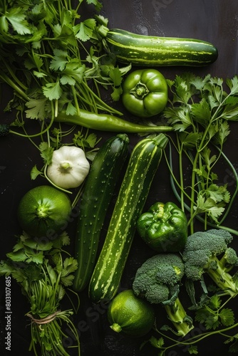 Fresh Green Vegetables Assortment on Dark Background - Healthy Organic Produce