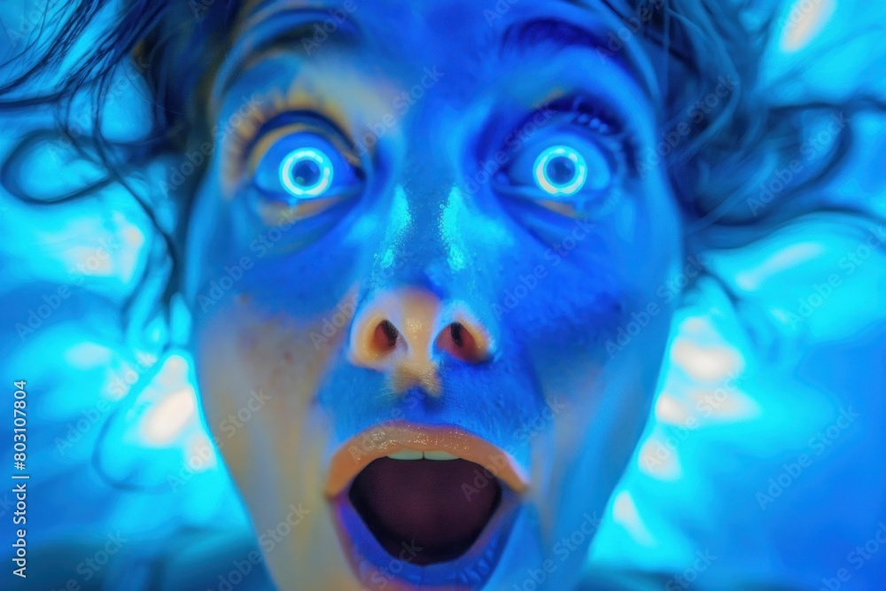 Closeup portrait of a woman with glowing eyes and a blue light illuminating her face, creating a mysterious and captivating image Closeup portrait of a woman with glowing eyes and a blue light illuminating her face, creating a mysterious and captivating image