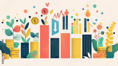 A vector illustration of a bar graph with leaves and flowers growing out of it. The bars are arranged in a staggered pattern and are different colors.